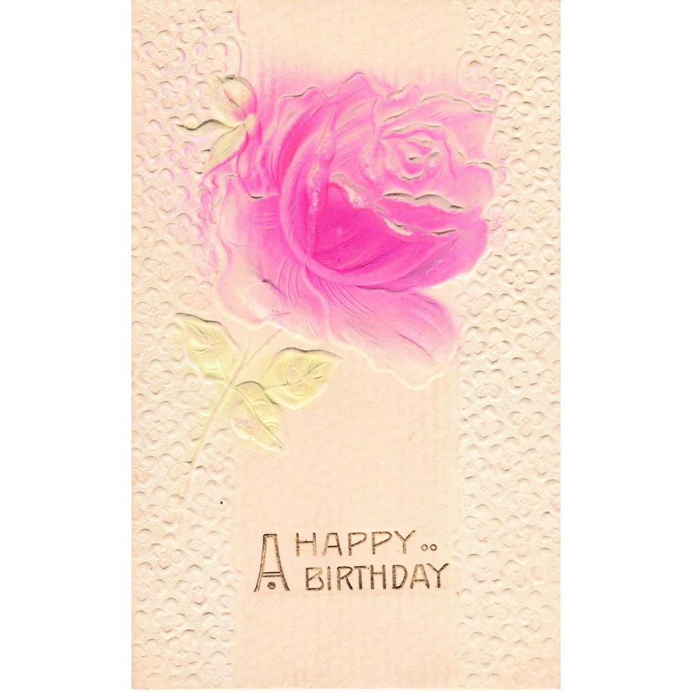 Birthday Postcard Pink Rose Flower Embossed Floral Antique c1910 Divided Back